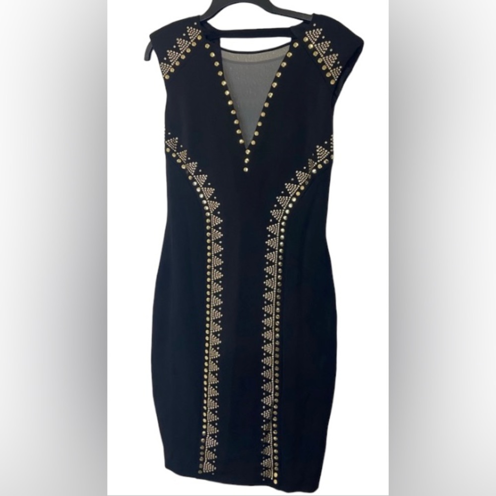 Cache black evening dressy party dress, size 8, semi formal, sexy… gold decor